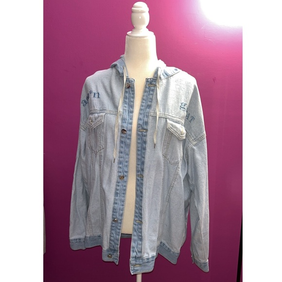 Shein EZwear Flap pocket Drawstring Hooded Light Blue Denim Jacket - Picture 5 of 7